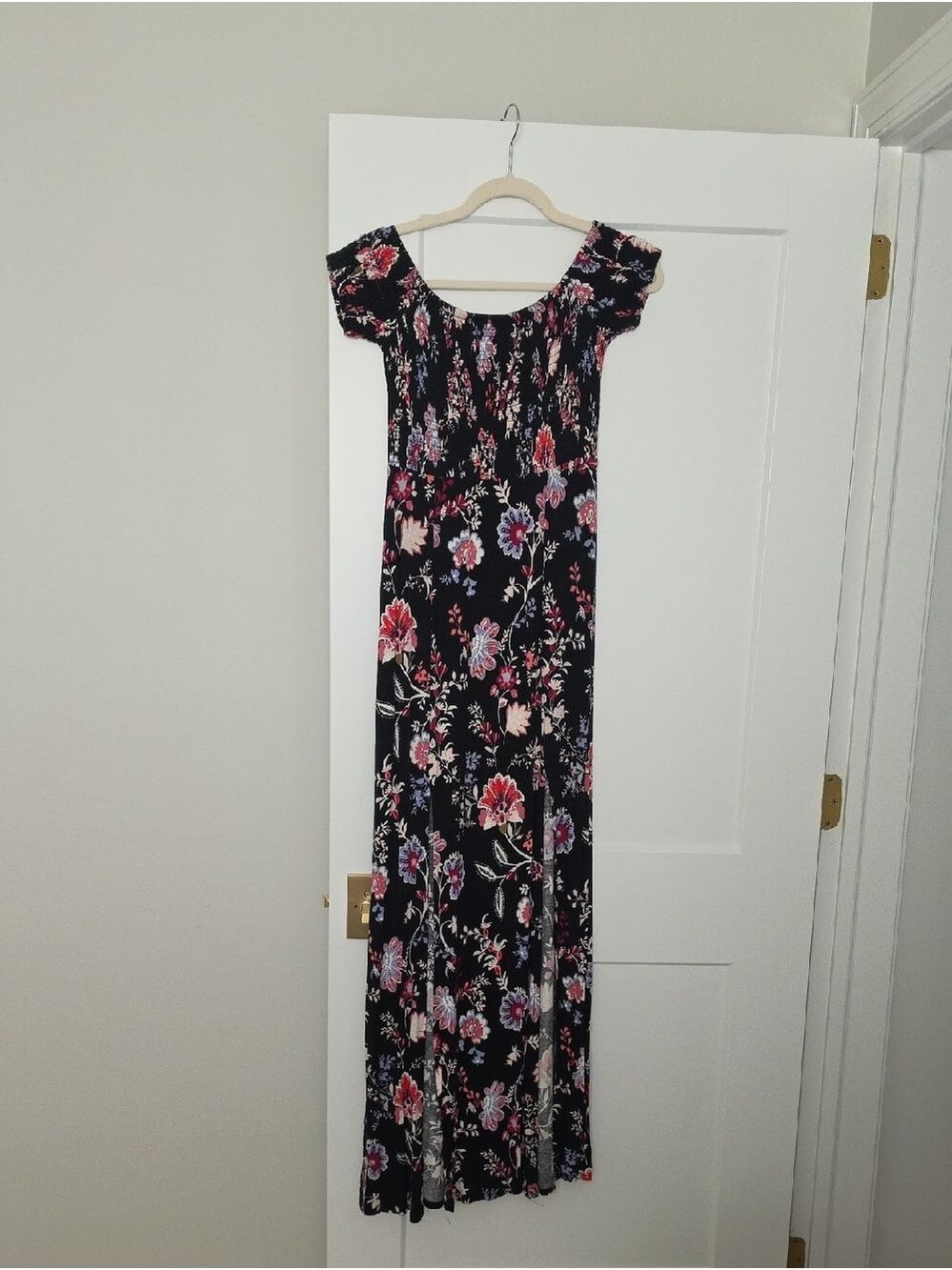 Express Black Floral Off-Shoulder Maxi Dress with Pink & Purple Accents